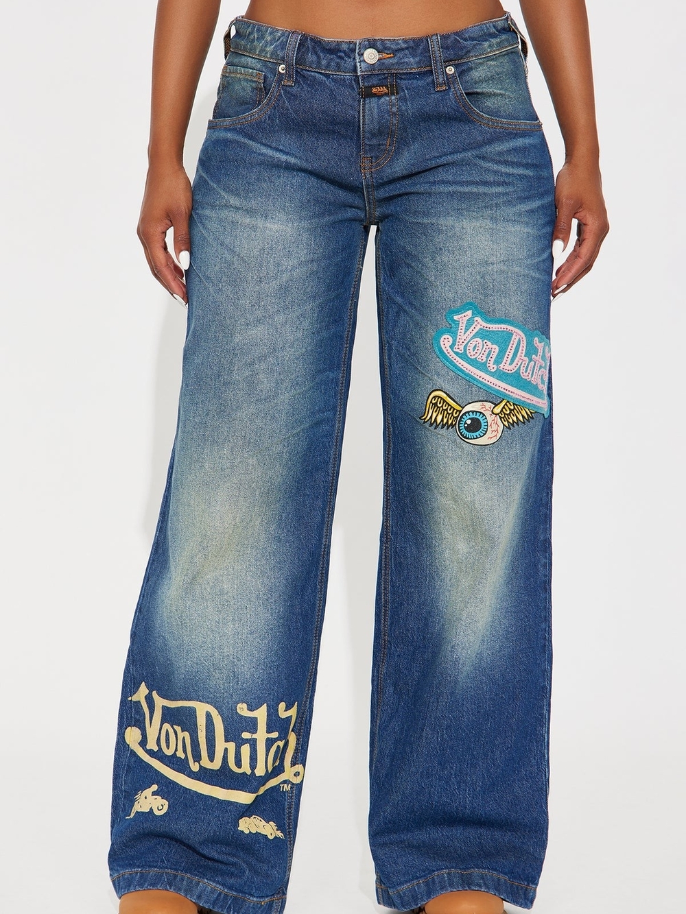 Von Dutch Blue Wide-Leg Jeans with Embroidered Logos Women's 9 Size 28 NWT